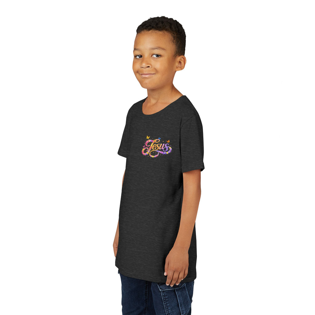 Youth Jesus Floral Script T-Shirt – Butterfly Christian Kids Tee | Faith Youth Shirt
