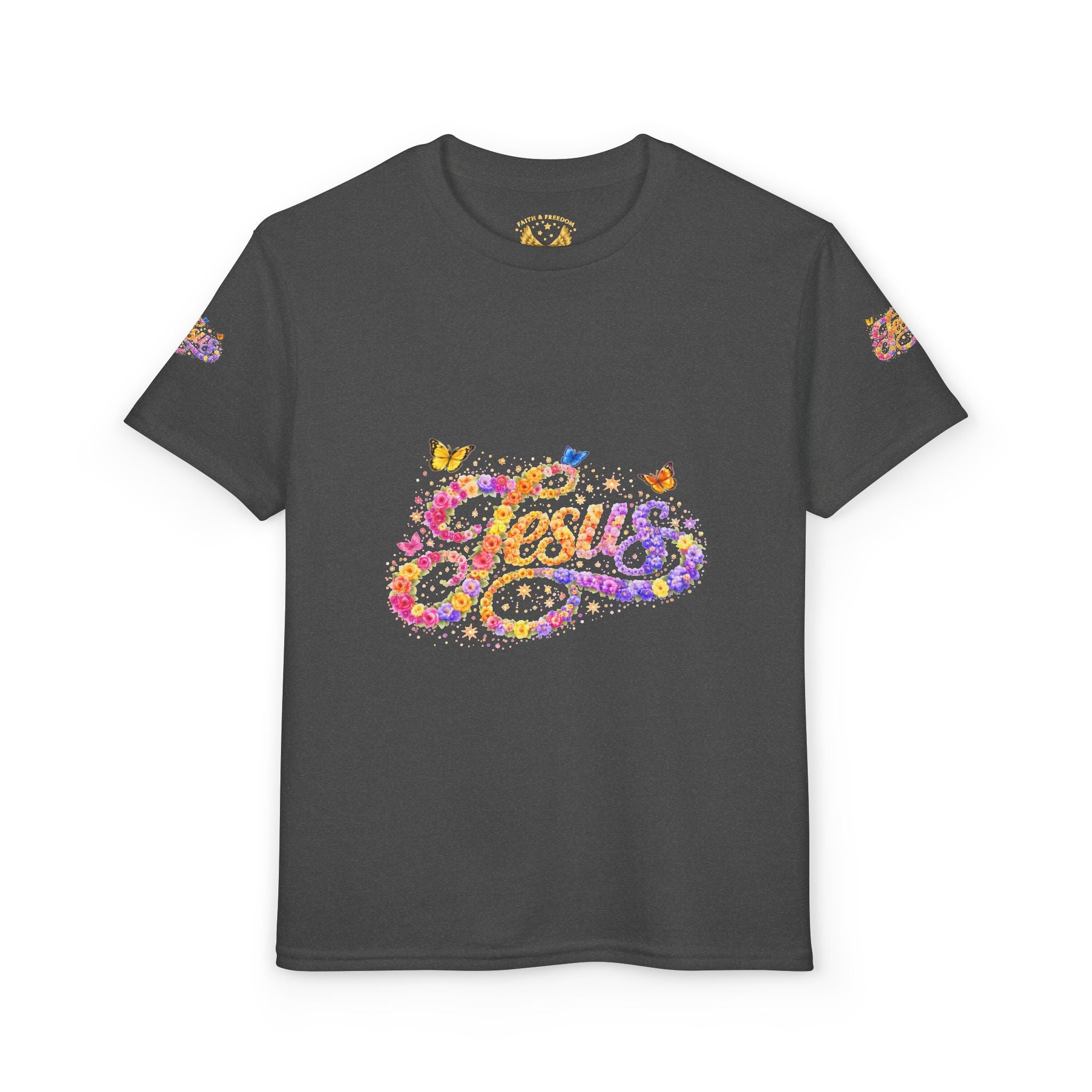 Youth Jesus Floral Butterfly T-Shirt – Christian Kids Faith Tee | Gratitude Sneaker Style Shirt