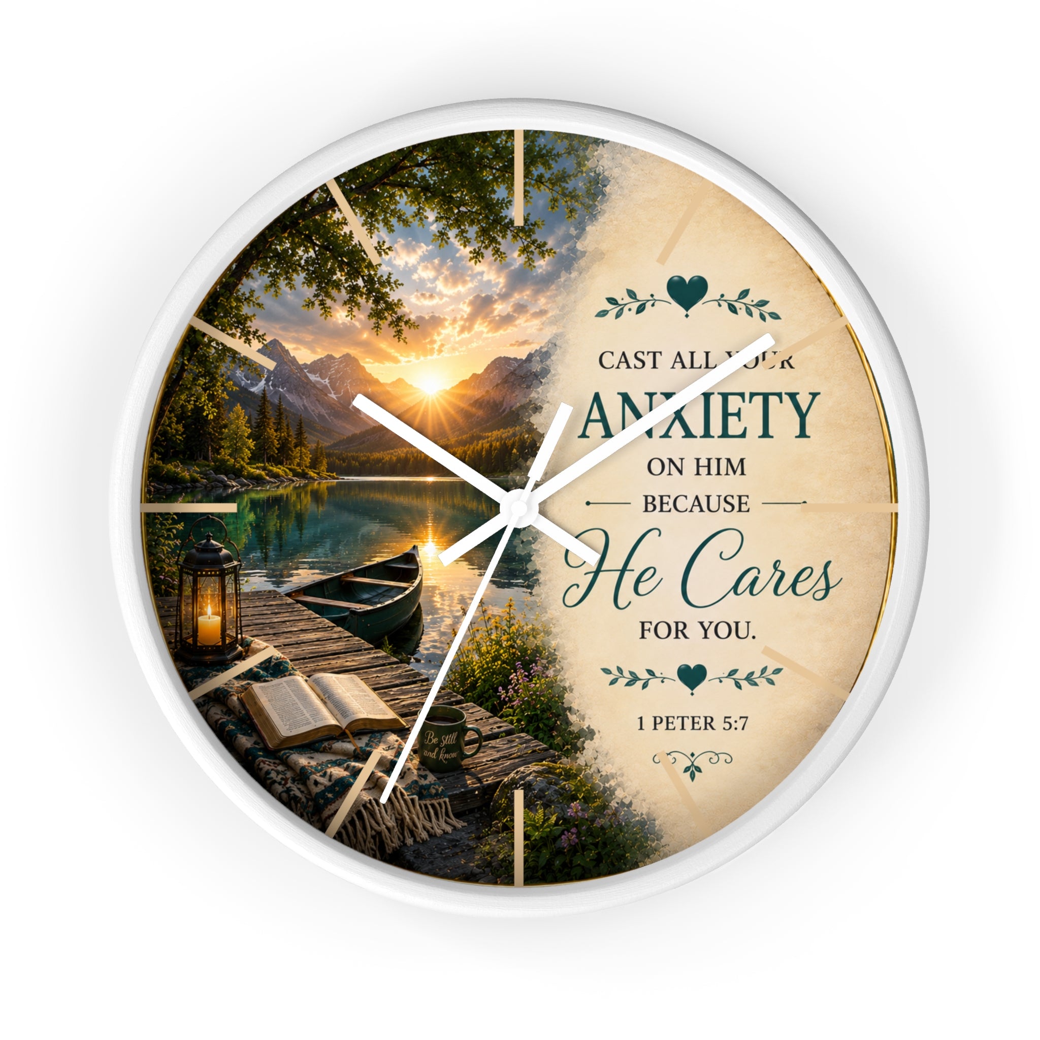 Inspirational Christian wall clock featuring a peaceful lakeside sunrise with a dock, canoe, and 1 Peter 5:7 scripture about casting anxiety on Him.