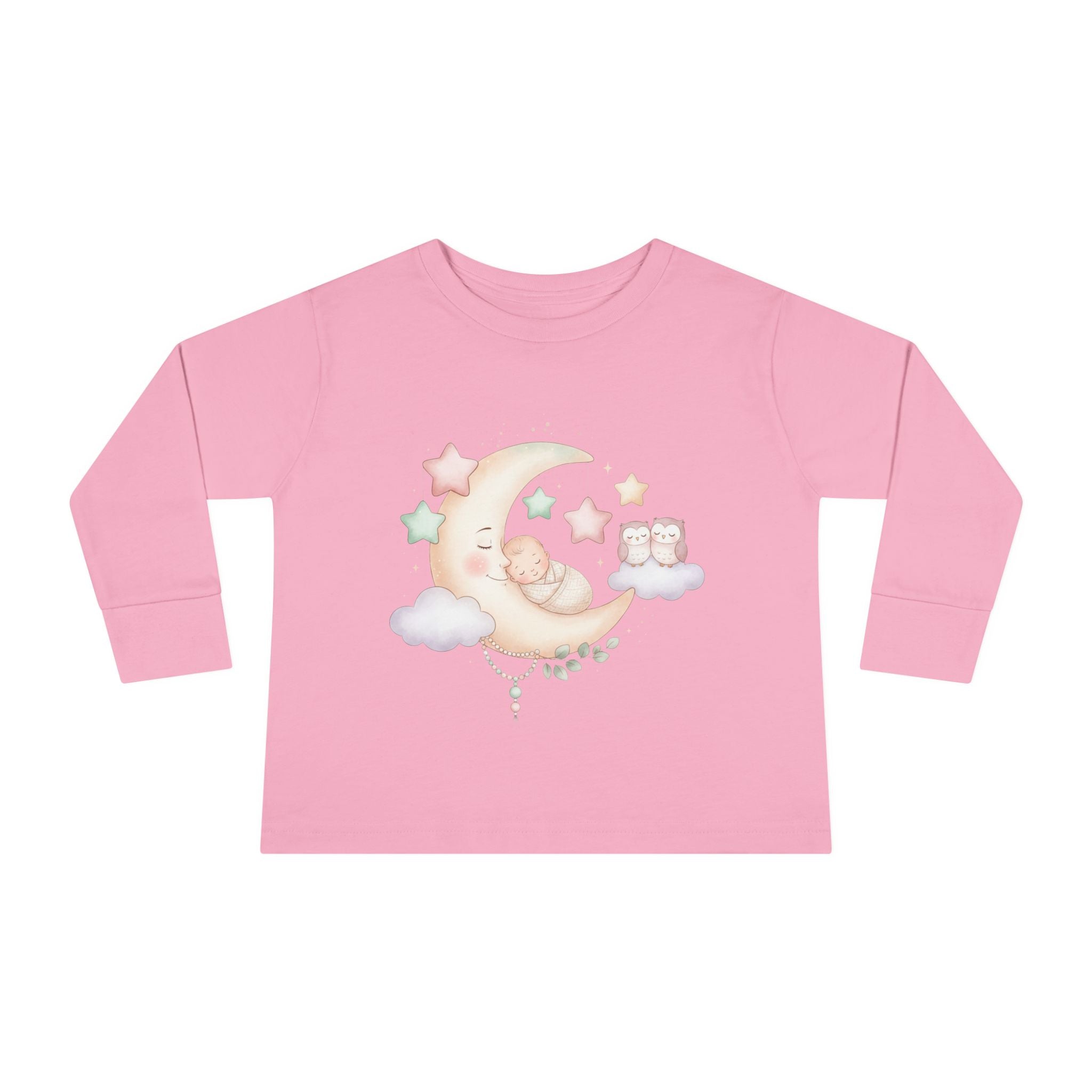 Baby Moon & Owl Toddler Long Sleeve Tee – Pastel Sleepy Moon Nursery Shirt | Cozy Toddler Pajama Style Tee