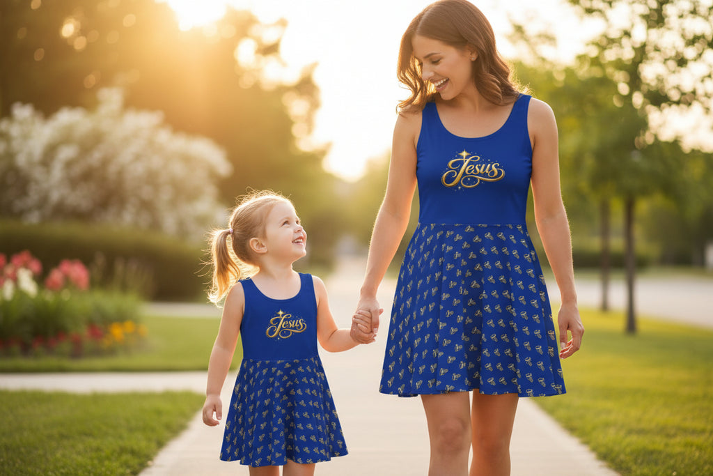 Women's Jesus Script Skater Dress – Blue & Gold Christian Faith Dress | Elegant Church & Event Wear