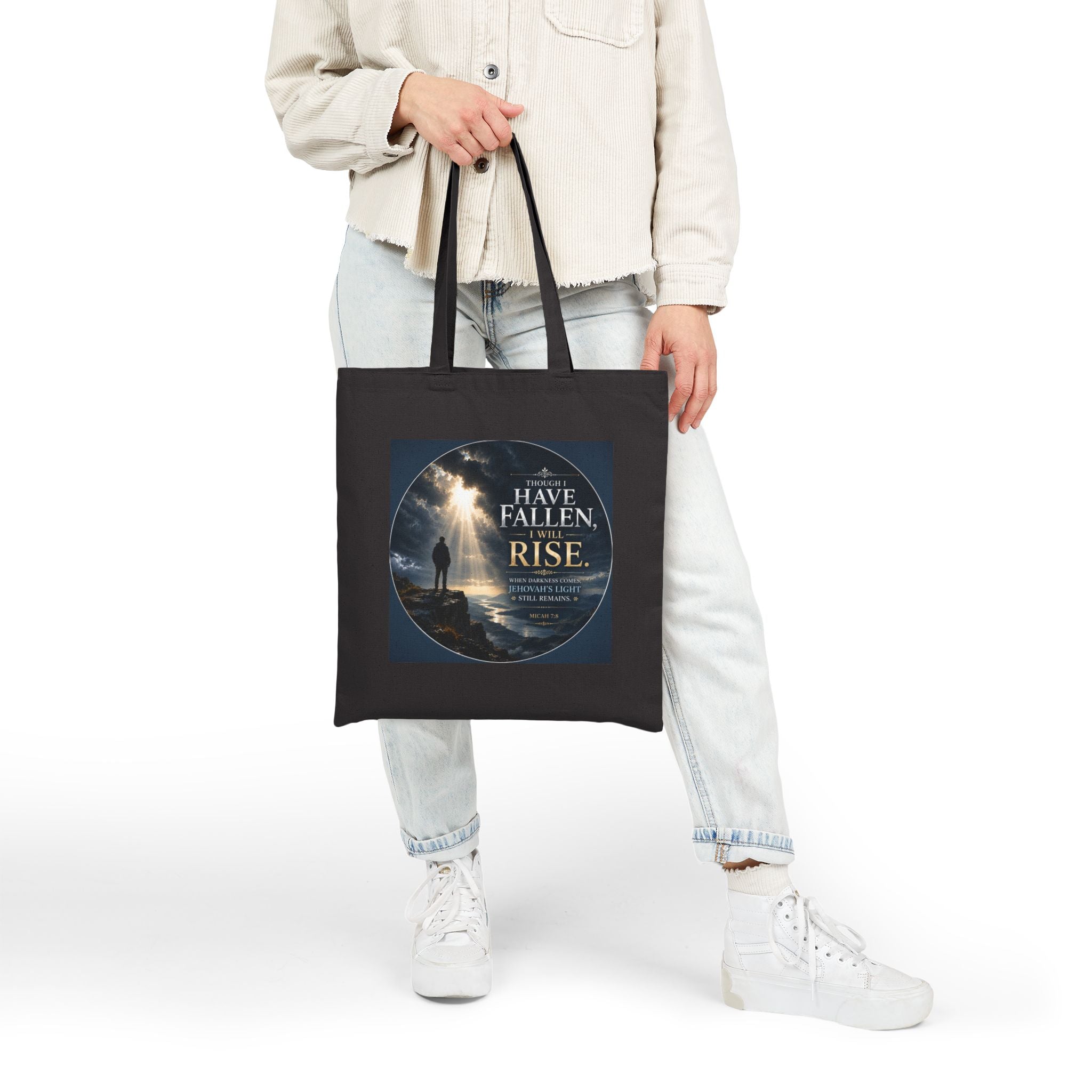 Though I Have Fallen, I Will Rise Tote Bag | Micah 7:8 Christian Canvas Tote