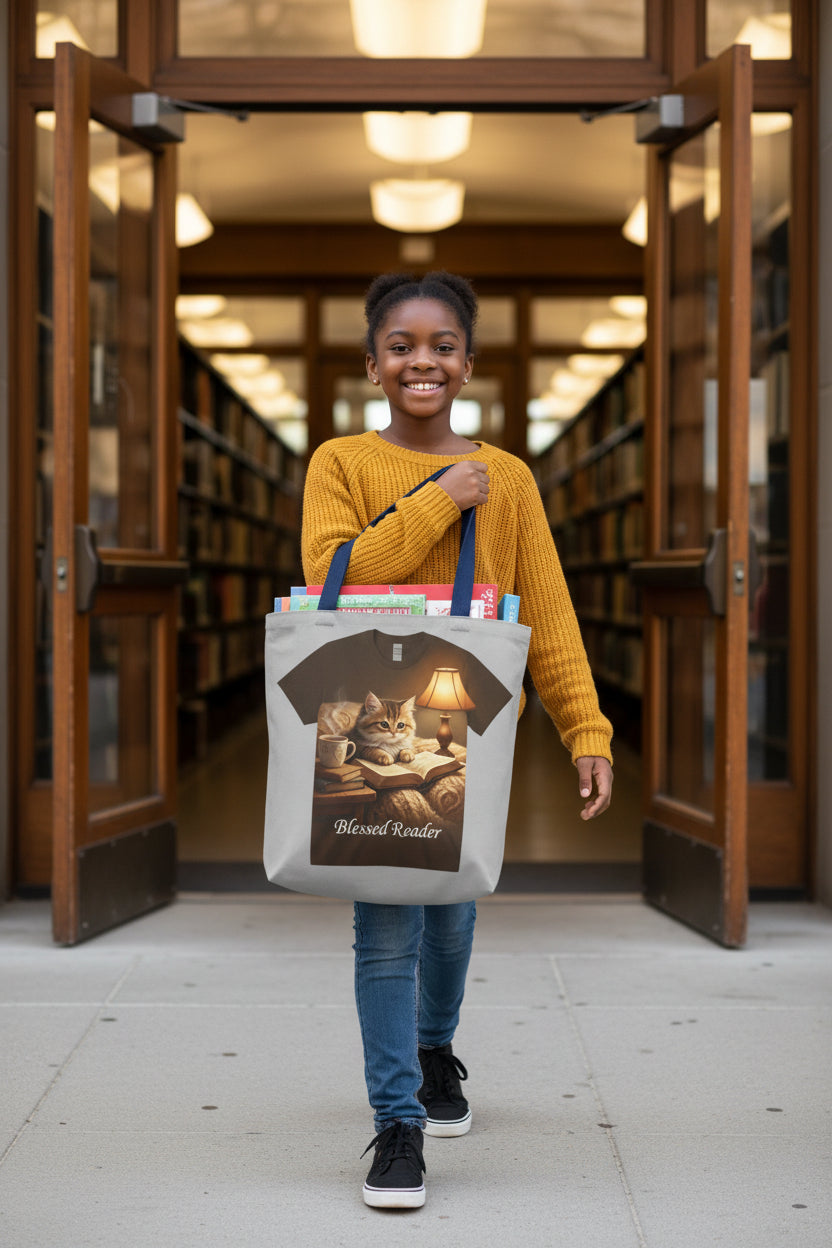 Blessed Reader Cat Tote Bag – Cozy Book Lover Library Tote | Cat & Books Gift Bag