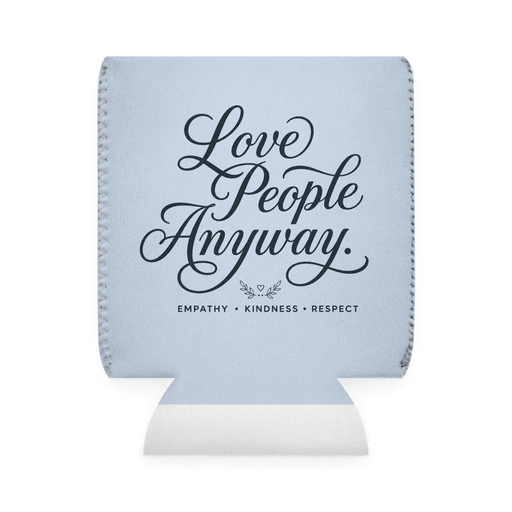 Sky-blue neoprene can cooler featuring elegant "Love People Anyway" script on one side and an LPA monogram on the reverse, designed to fit standard 12 oz beverage cans.