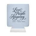 Sky-blue neoprene can cooler featuring elegant "Love People Anyway" script on one side and an LPA monogram on the reverse, designed to fit standard 12 oz beverage cans.
