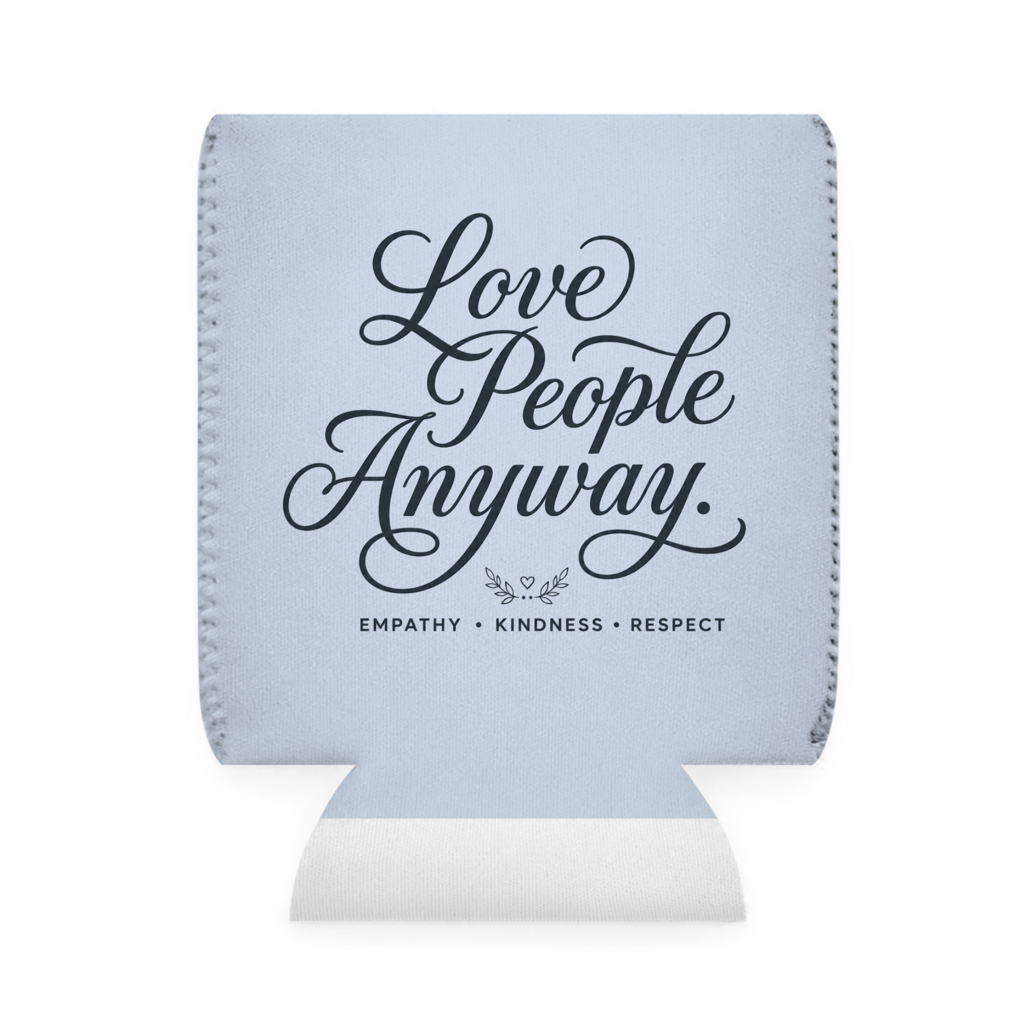 Sky-blue neoprene can cooler featuring elegant "Love People Anyway" script on one side and an LPA monogram on the reverse, designed to fit standard 12 oz beverage cans.