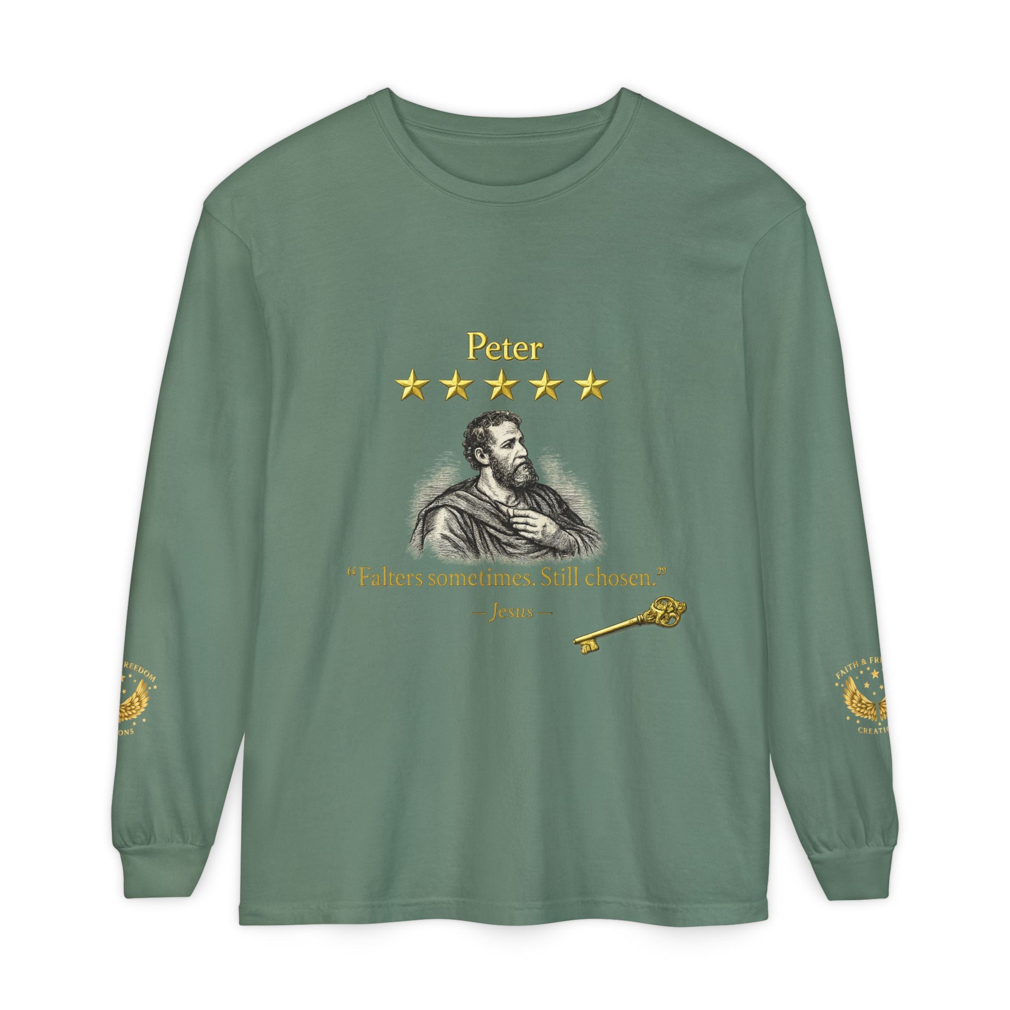 Peter Scripture Long Sleeve T-Shirt — "Falters sometimes. Still chosen." Review by Jesus