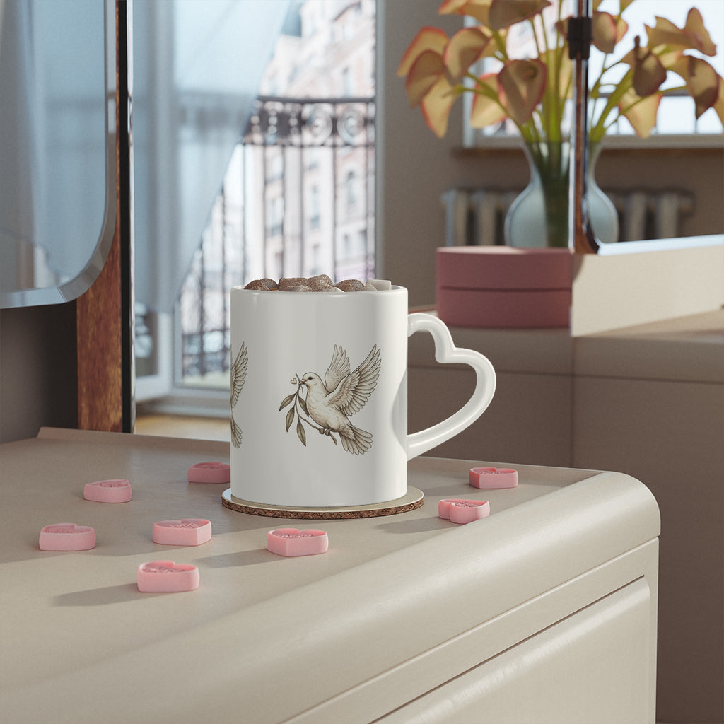 Peace Dove Heart-Shaped Mug — Olive Leaf Love Ceramic Coffee Cup