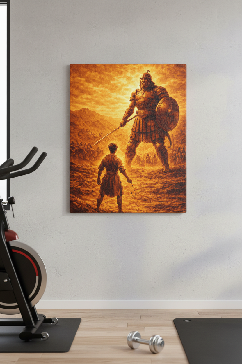 David and Goliath Canvas — Biblical Battle Wall Art | Christian Faith Decor
