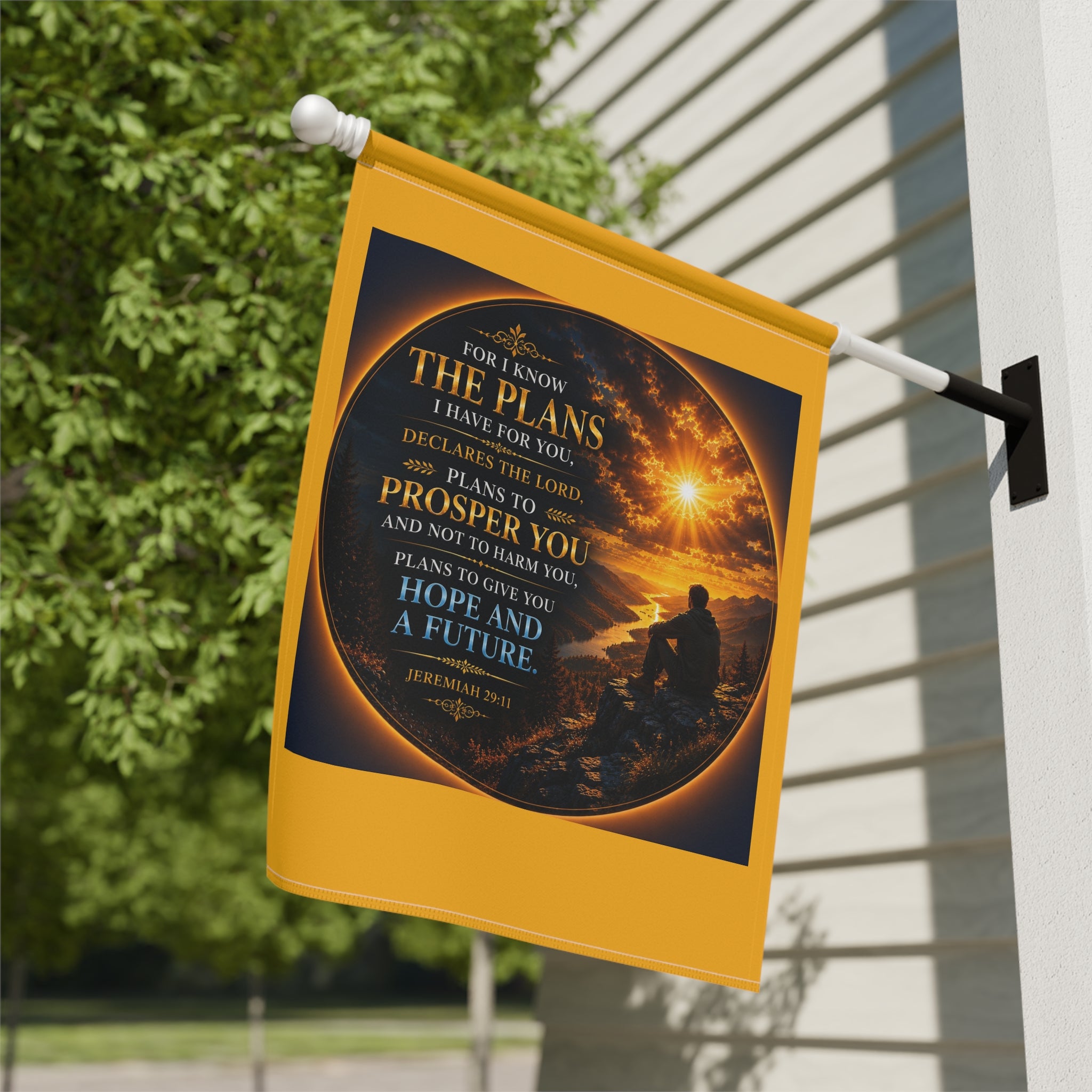Inspirational Christian garden flag featuring a sunrise shoreline scene with the scripture “For I Know The Plans” in warm peaceful coastal-inspired artwork.