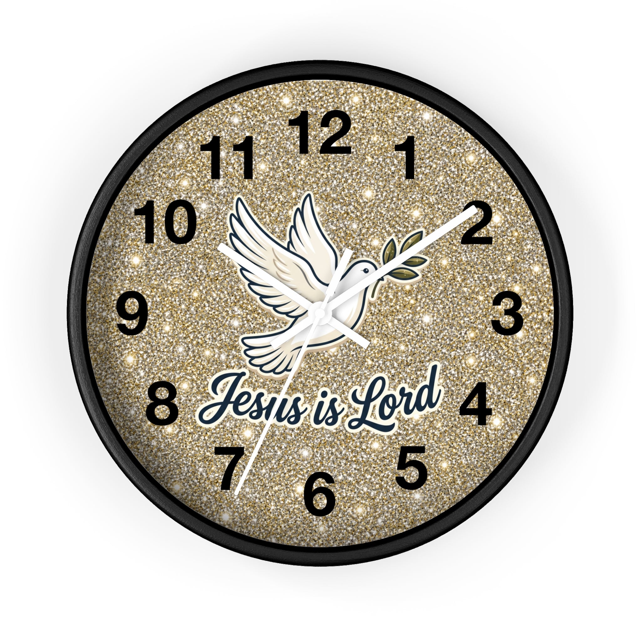 A round wall clock with a black frame and a glittery gold face. The clock features a white dove with an olive branch, black Arabic numerals, and the text 'Jesus is Lord' in white and blue script.