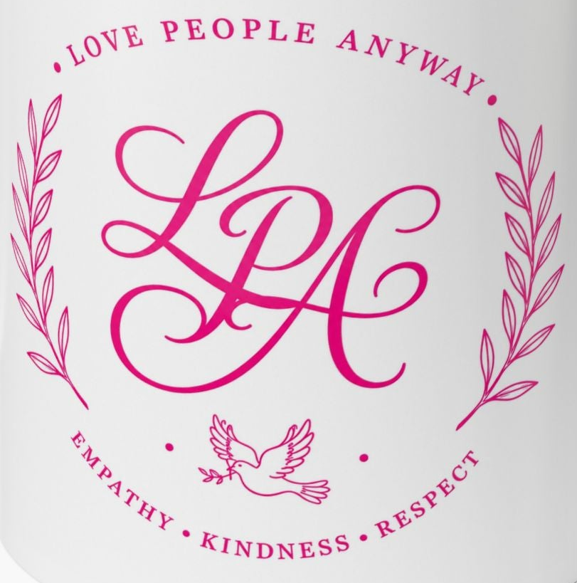 Love People Anyway Coffee Mug | Inspirational Pink Monogram Mug | Faith Freedom Creations