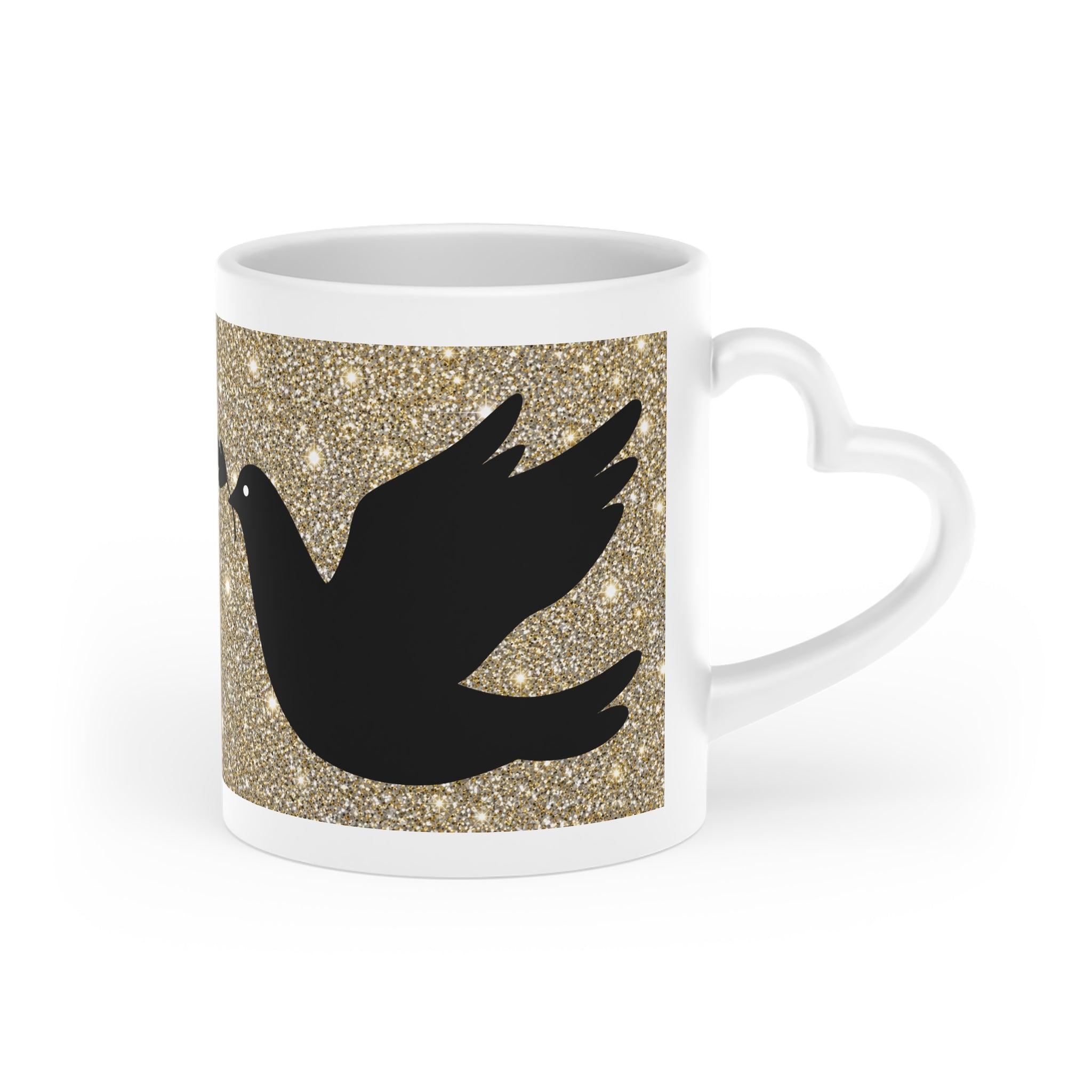 White ceramic heart-shaped handle mug featuring two black dove silhouettes on a sparkling gold glitter-inspired background, with one dove carrying an olive branch.