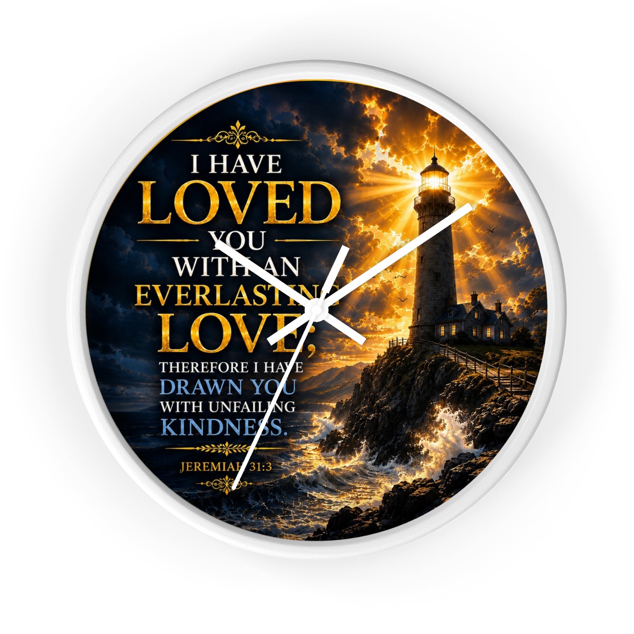 Inspirational Christian wall clock featuring a glowing lighthouse over stormy seas with Jeremiah 31:3 scripture about everlasting love in warm golden tones.