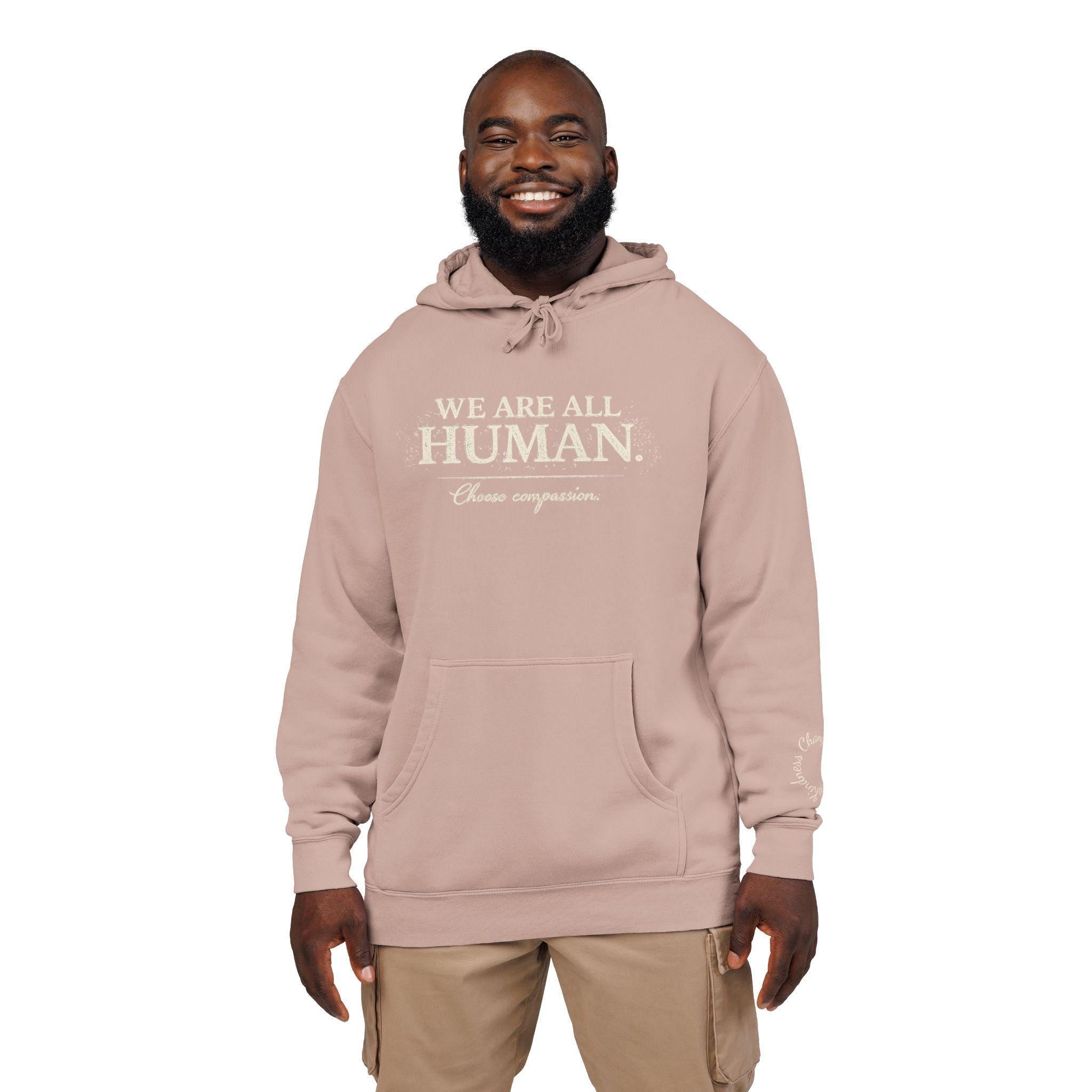 “We Are All Human” Pigment-Dyed Hoodie – Inclusive Comfort Pullover | Inspirational Minimalist Hoodie