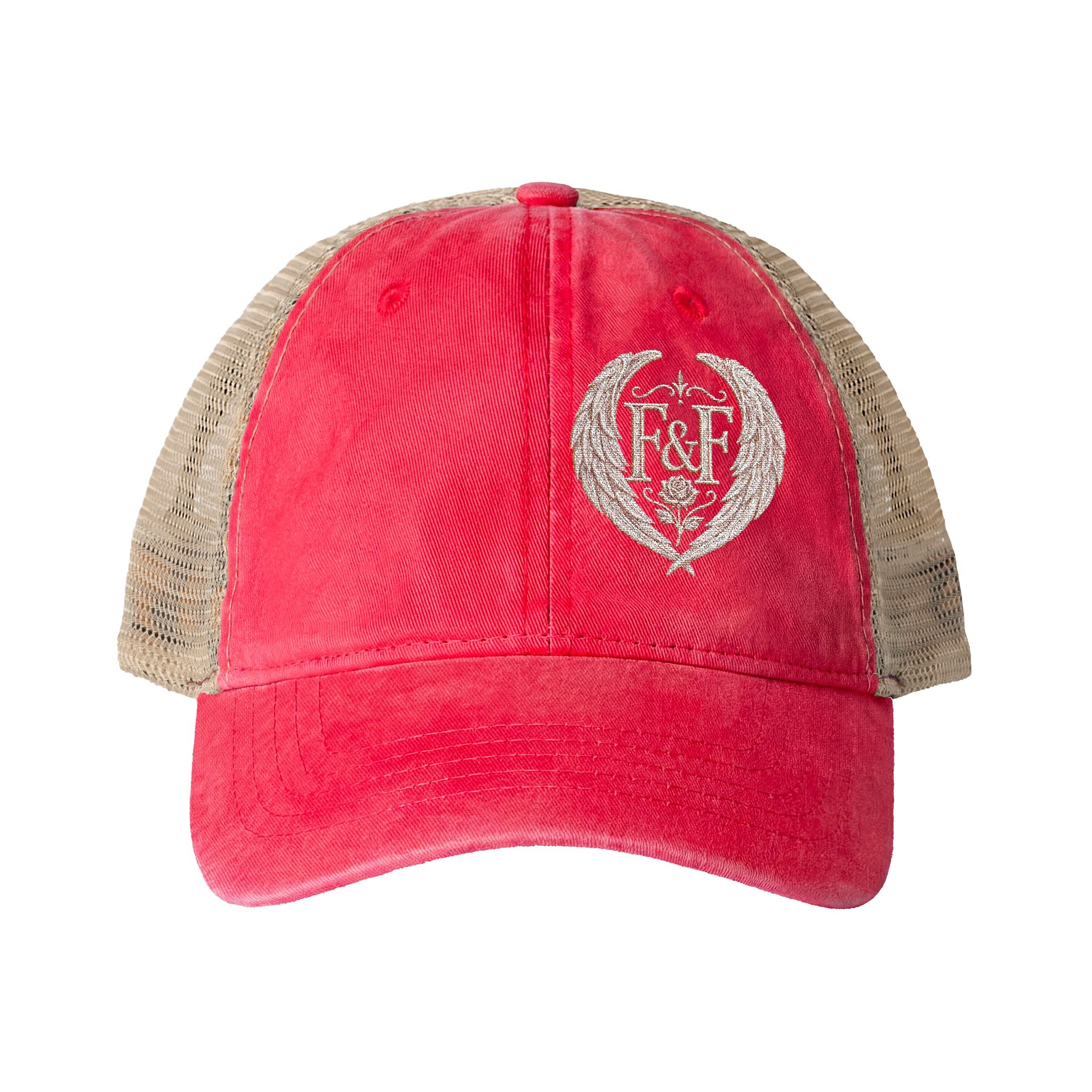 Women’s washed mesh-back cap featuring the Faith & Freedom logo with vintage styling, breathable mesh panels, and concealed ponytail opening.
