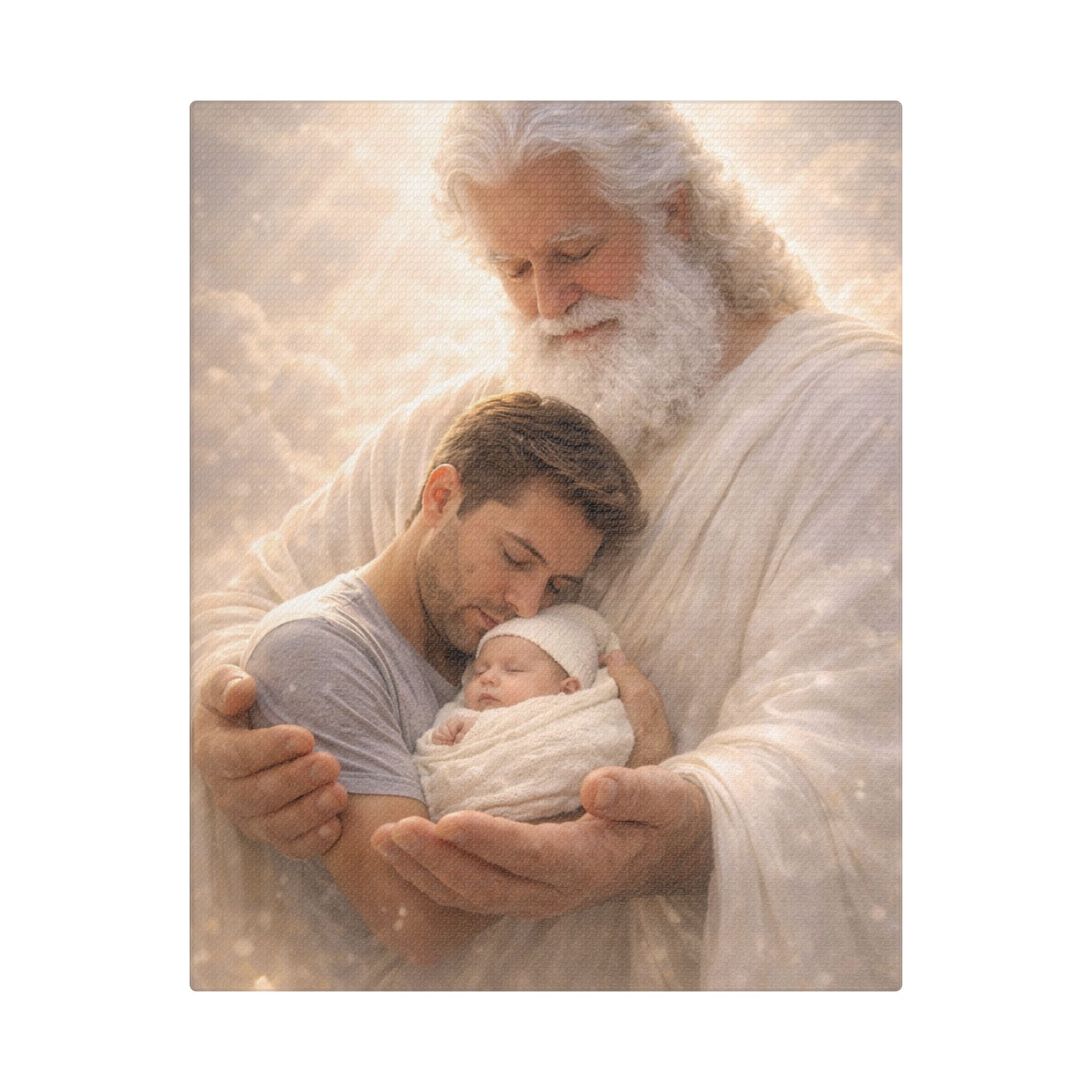 Safely in His Hands Canvas — 'Dad & Baby' Sleeping in God's Embrace Wall Art