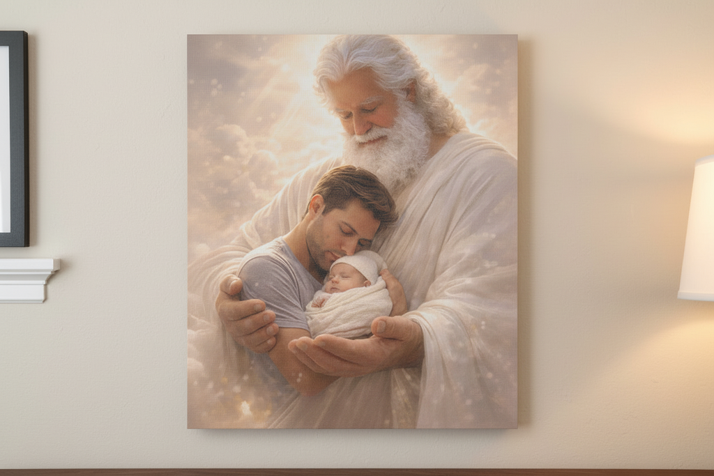 Safely in His Hands Canvas — Dad & Baby Sleeping in God's Embrace | Christian Nursery Wall Art