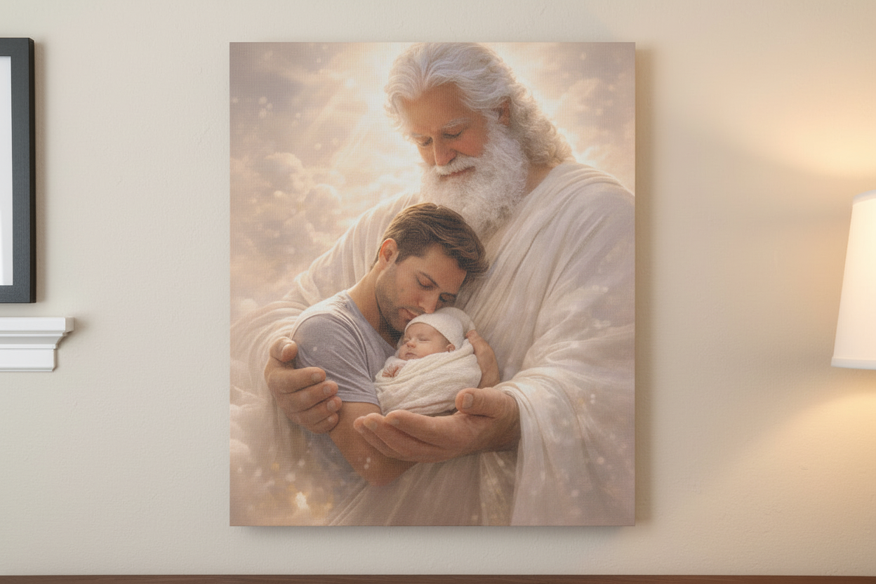 Safely in His Hands Canvas — Dad & Baby Sleeping in God's Embrace | Christian Nursery Wall Art