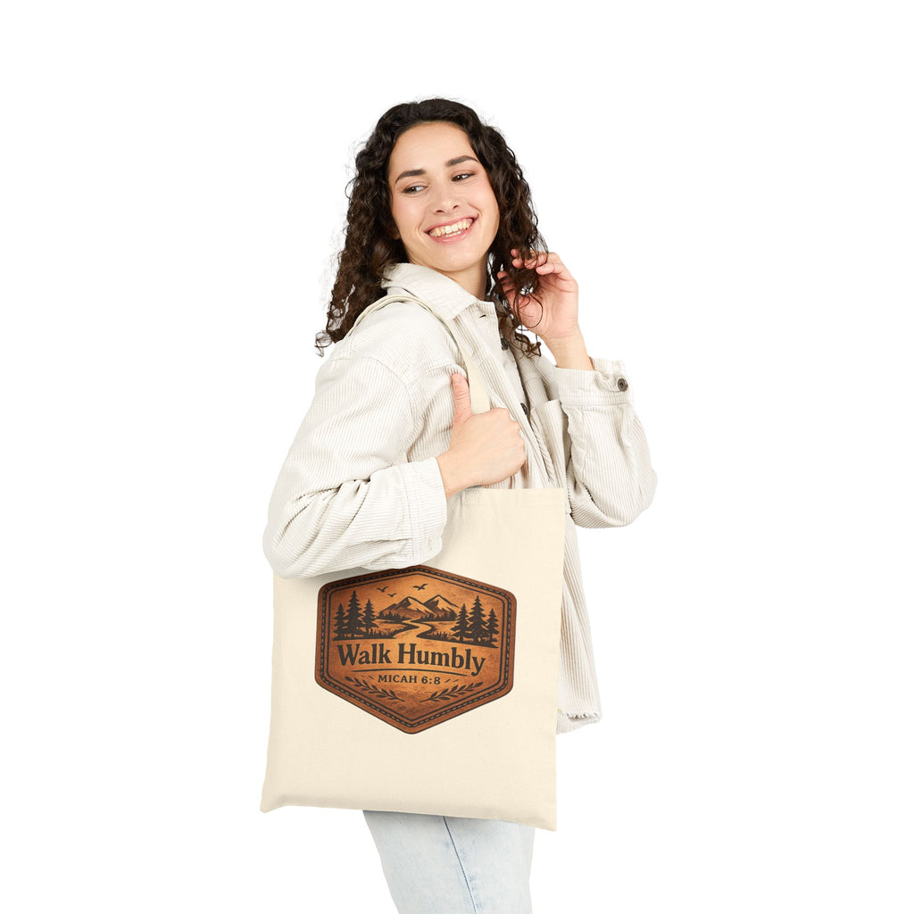 Walk Humbly Tote Bag | Micah 6:8 Christian Canvas Tote | Rustic Mountain Faith Tote