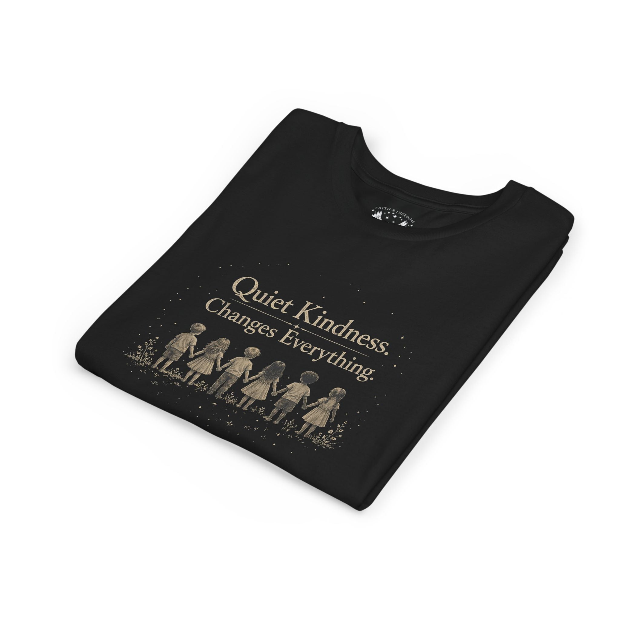 Youth “Quiet Kindness Changes Everything” Tee – Kids Inspirational T-Shirt with Earth & Friends Graphic
