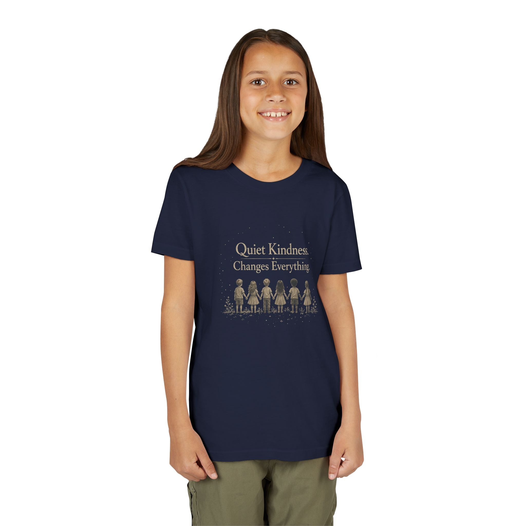 Youth “Quiet Kindness Changes Everything” Tee – Kids Inspirational T-Shirt with Earth & Friends Graphic
