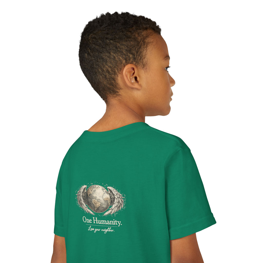 Youth “Quiet Kindness Changes Everything” Tee – Kids Inspirational T-Shirt with Earth & Friends Graphic