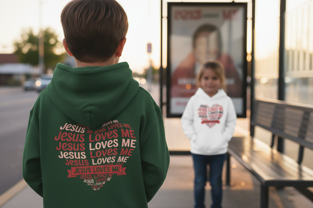 Jesus Loves Me Youth Hoodie – Heart Word Cloud Christian Kids Sweatshirt | Faith Inspired Kids Apparel