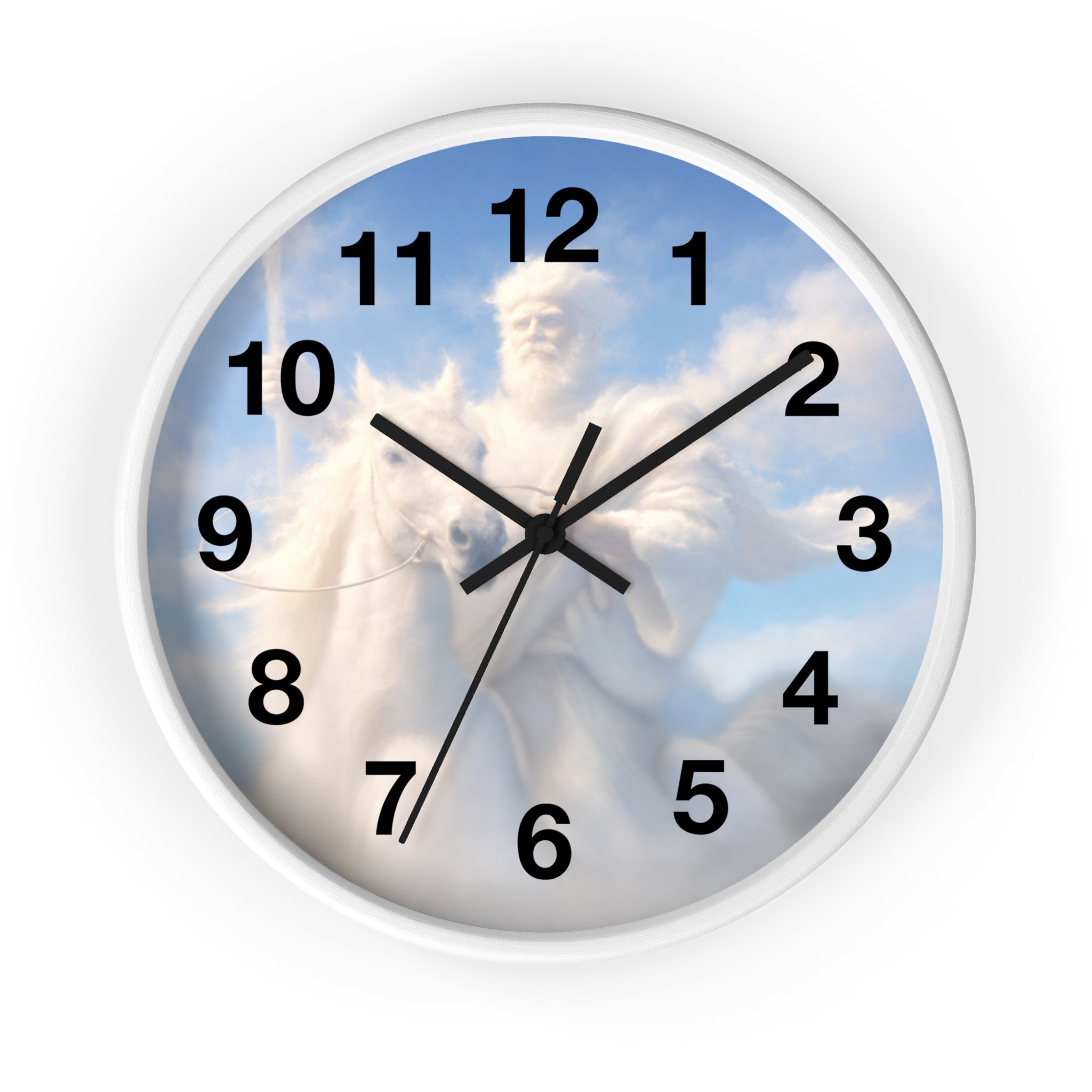 Inspirational Christian wall clock featuring Jesus riding through glowing clouds with classical devotional sky artwork and warm heavenly tones.