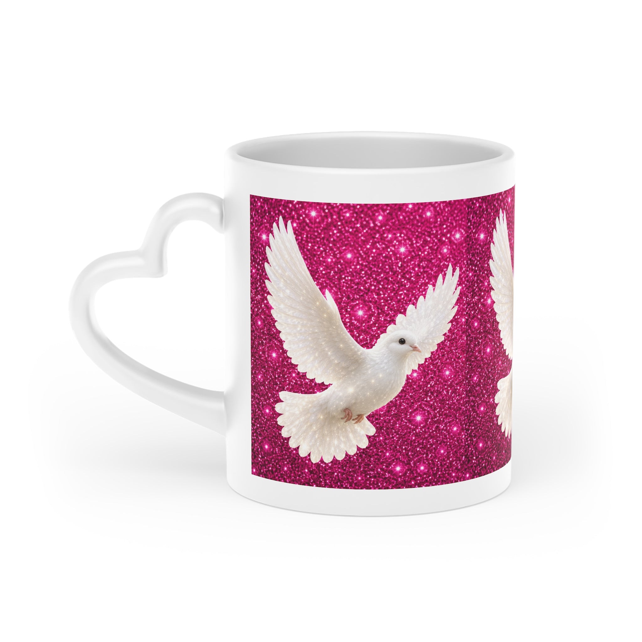 White ceramic heart-shaped handle mug featuring elegant white doves flying across a sparkling pink background with vibrant wraparound artwork.