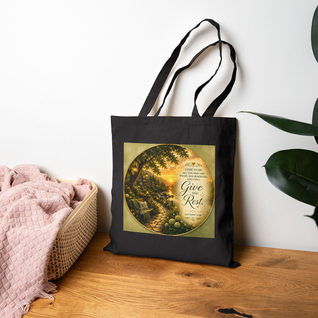 Come to Me and I Will Give You Rest Tote Bag | Matthew 11:28 Christian Canvas Tote