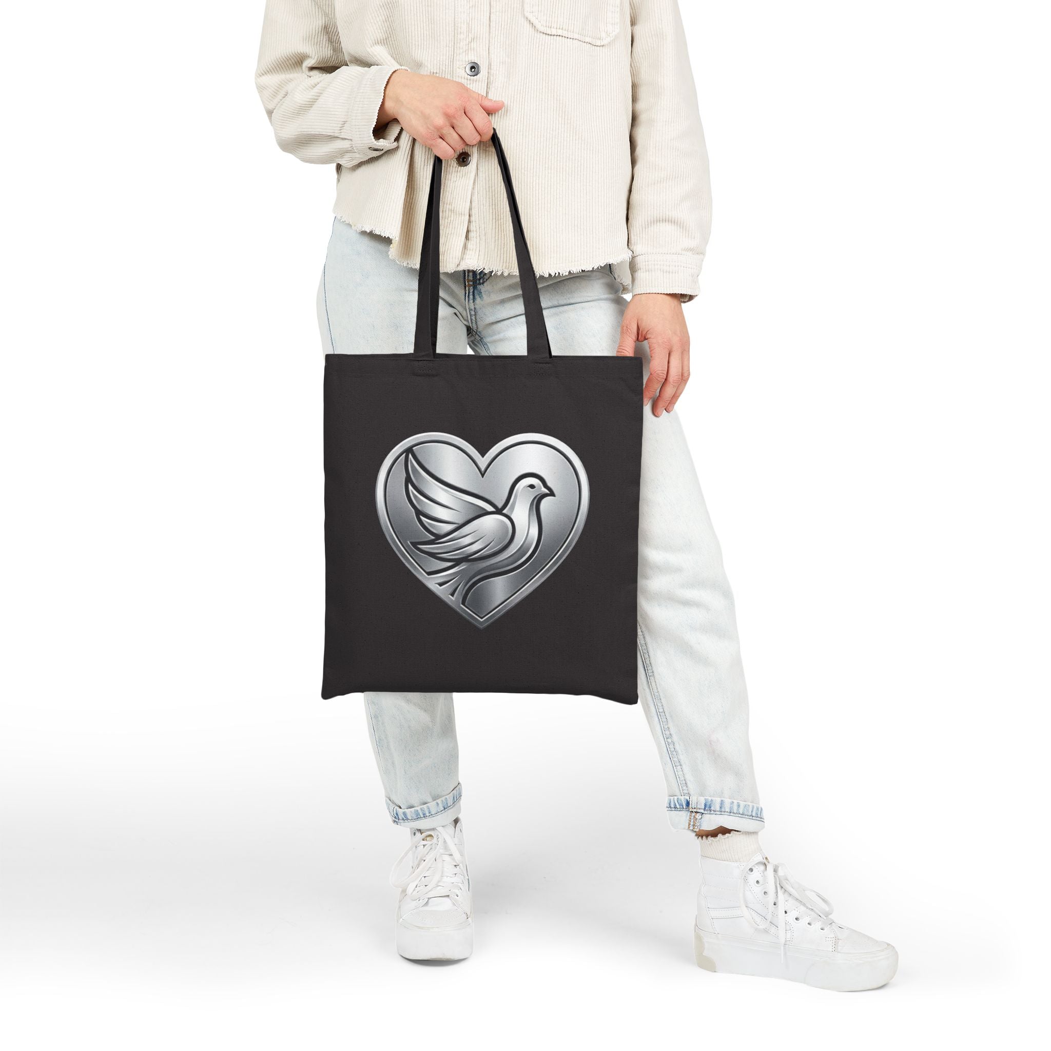 Silver Dove Heart Tote Bag | Peace & Love Canvas Tote | Inspirational Christian Tote