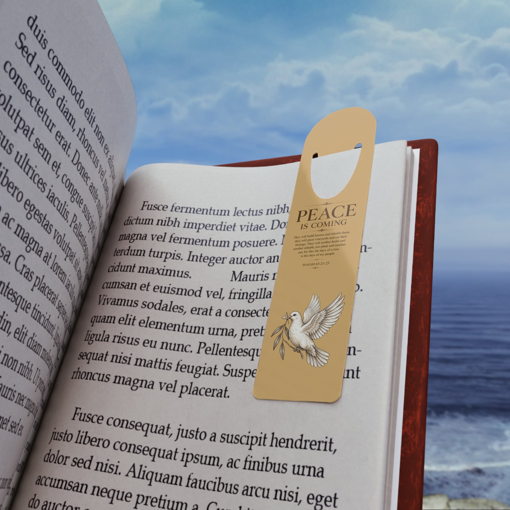 Inspirational Christian aluminum bookmark featuring the message “Peace Is Coming” inspired by Isaiah 65:21-25 with minimalist arch artwork, brushed metal backing, and secure page-holding slot.