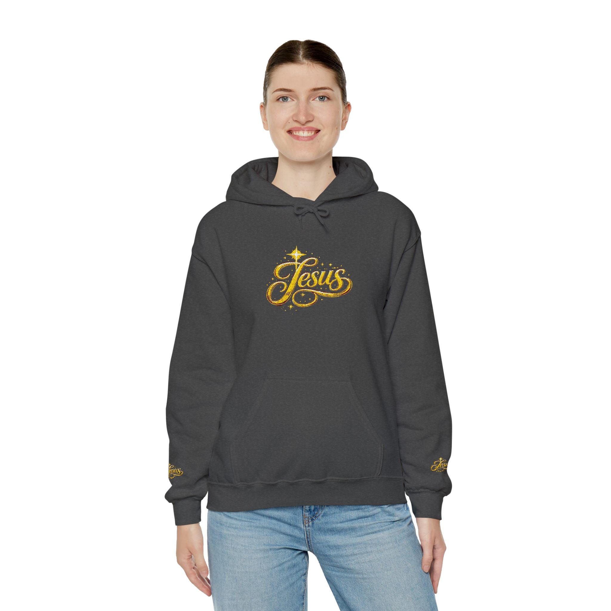 Jesus Gold Script Hoodie – Sparkle Christian Faith Pullover | Inspirational Hoodie