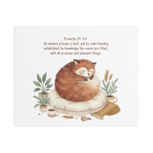 Sleeping fox on a pillow with plants and cups, Proverbs 24:3-4 text above.