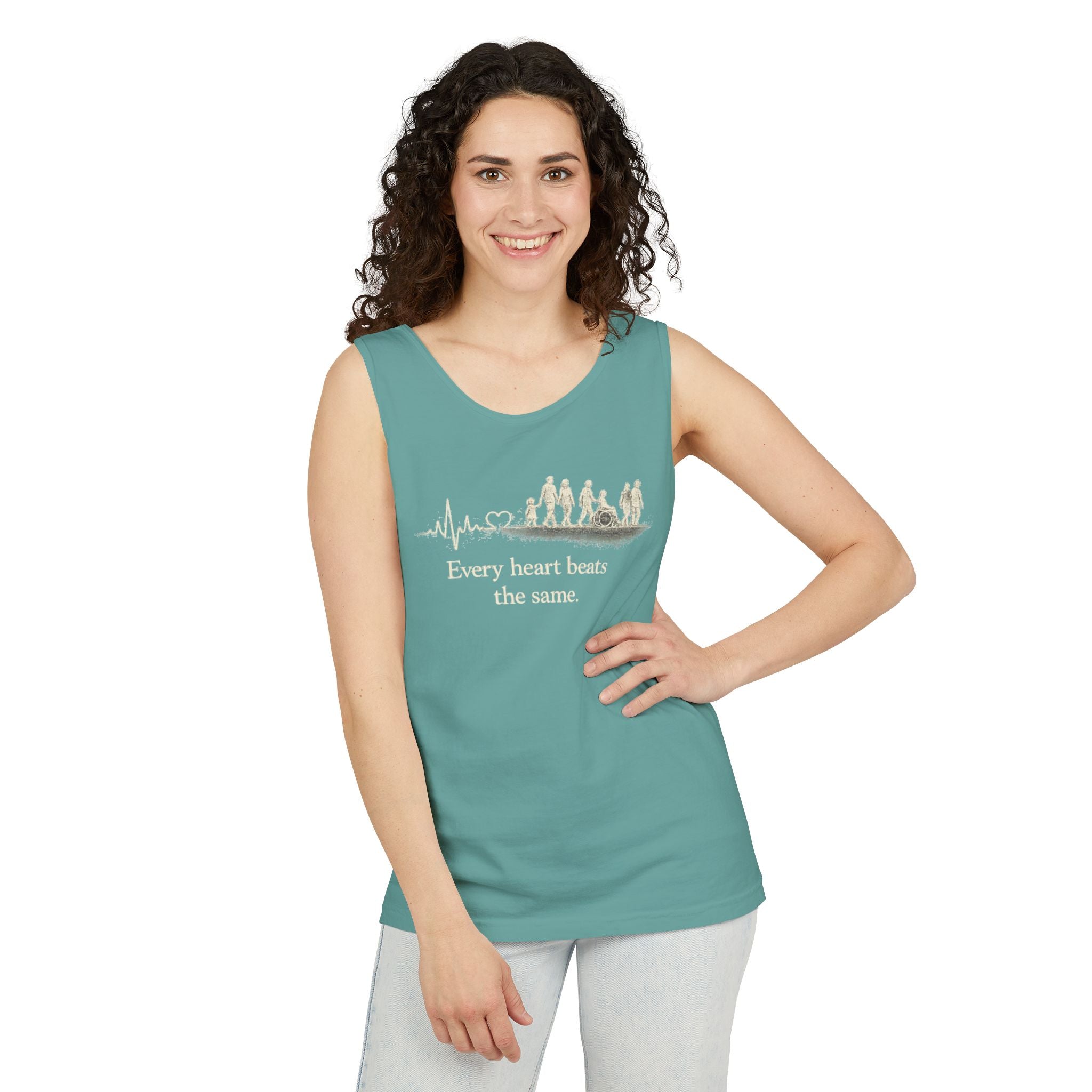 “Every Heart Beats the Same” Vintage Surf Tank Top – Garment-Dyed Coastal Unity Tank