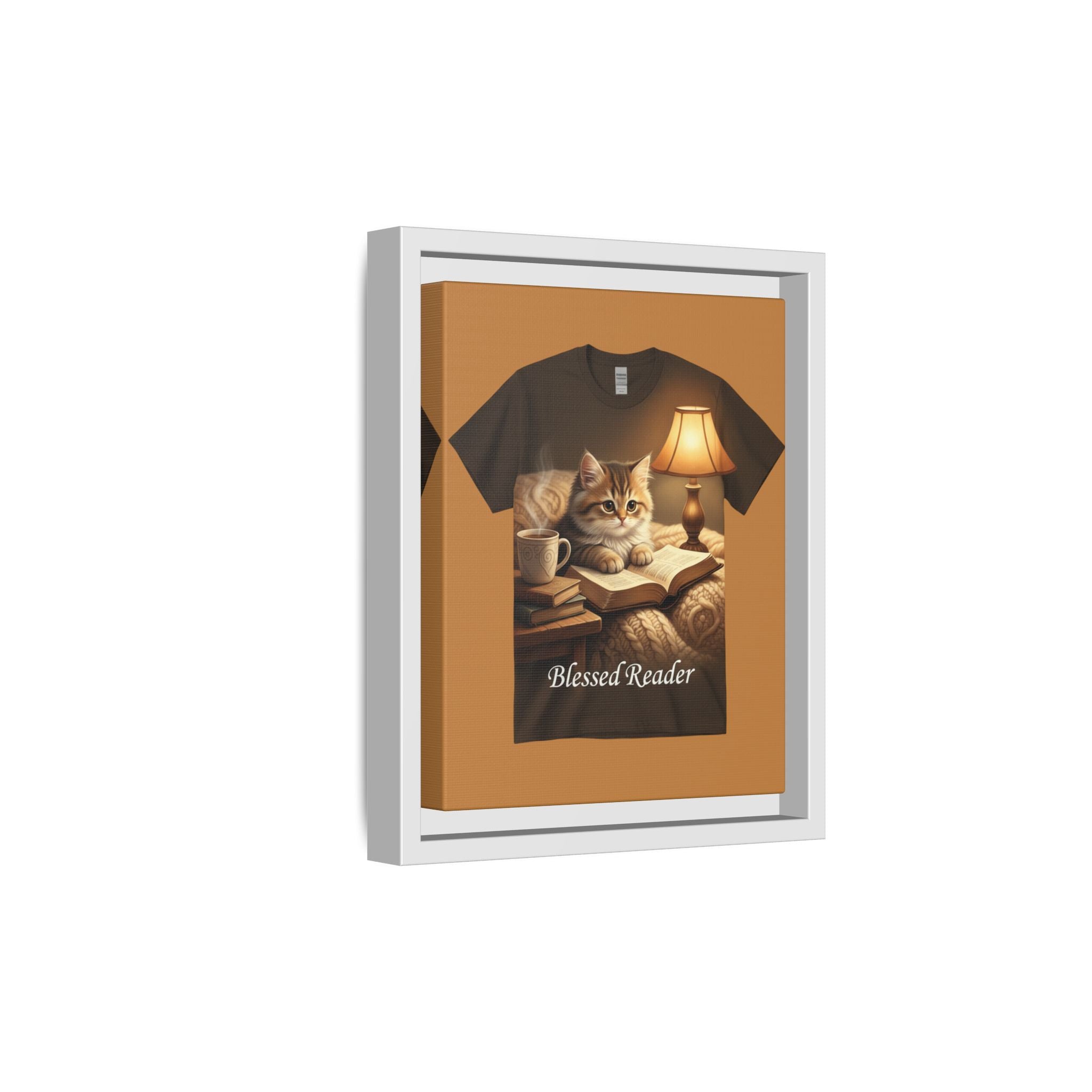 Blessed Reader Framed Canvas Print – Cozy Cat Reading Wall Art | Book Lover Cat Decor