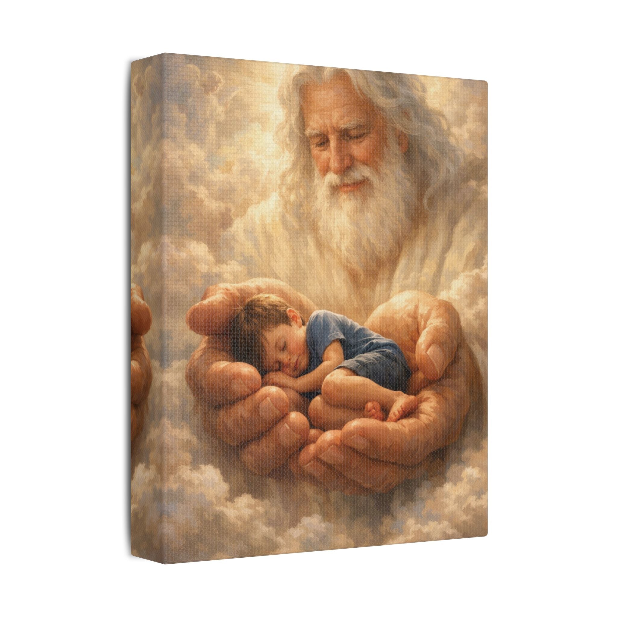 Safely in His Hands Canvas — Sleeping 'lil' Boy' in God's Embrace Wall Art