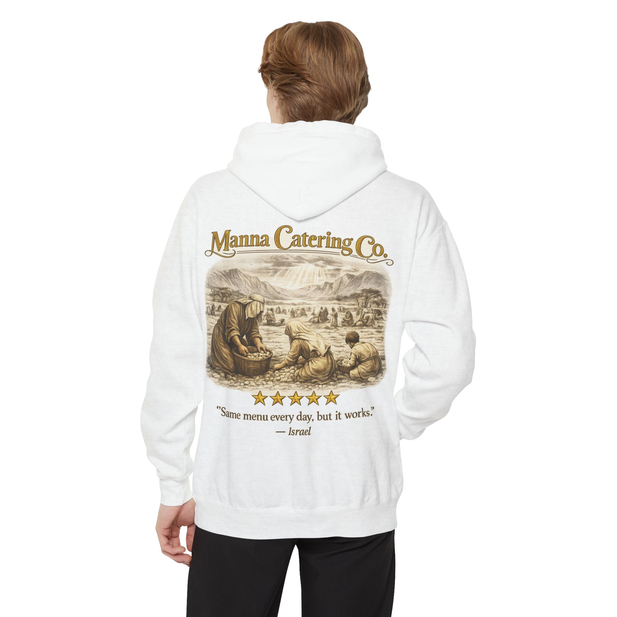 Manna Catering Co. – Hoodie | “Manna Review” Vintage Graphic – Five-Star Faith Series