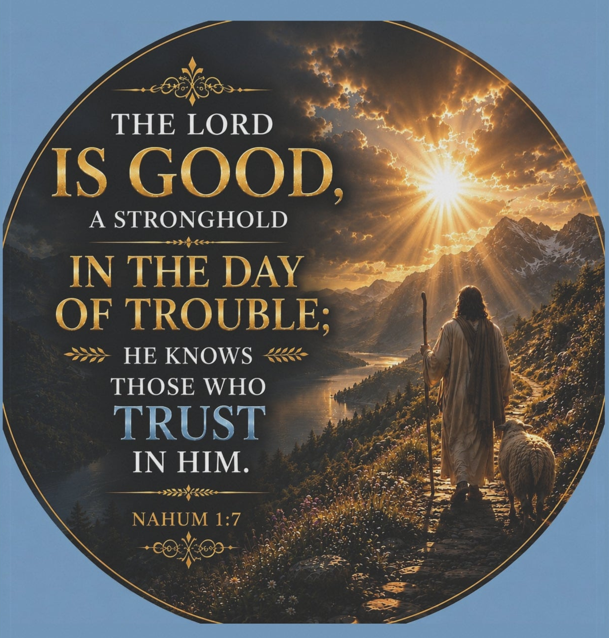 Inspirational Christian garden flag featuring a sunrise pathway scene with a lone figure walking toward golden light and “The Lord Is Good” scripture artwork.