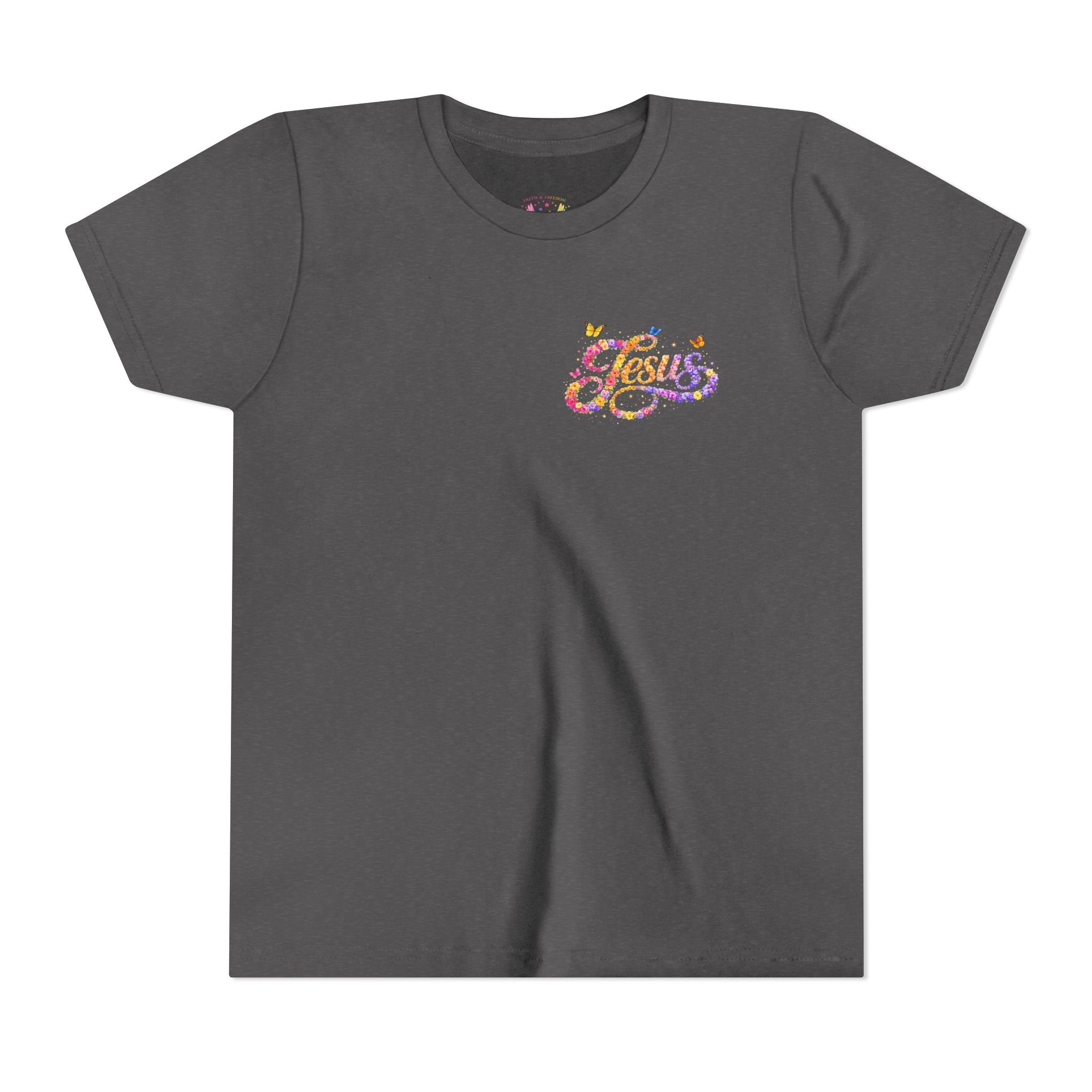 Youth Jesus Floral Script T-Shirt – Butterfly Christian Kids Tee | Faith Youth Shirt