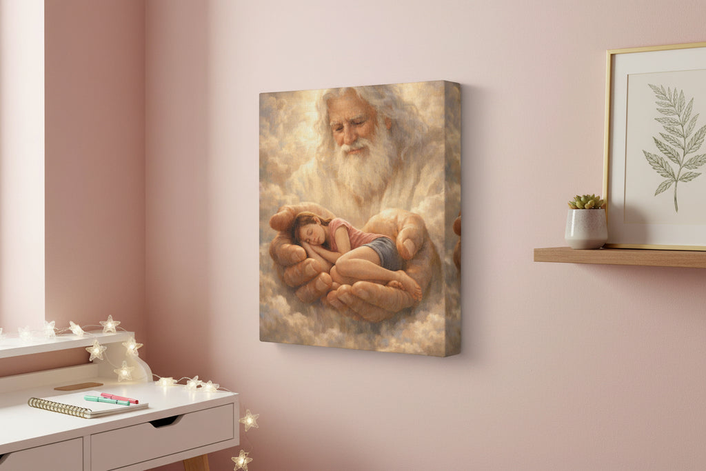 Safely in His Hands Canvas — Teen Girl Sleeping in God's Embrace | Christian Faith Wall Art