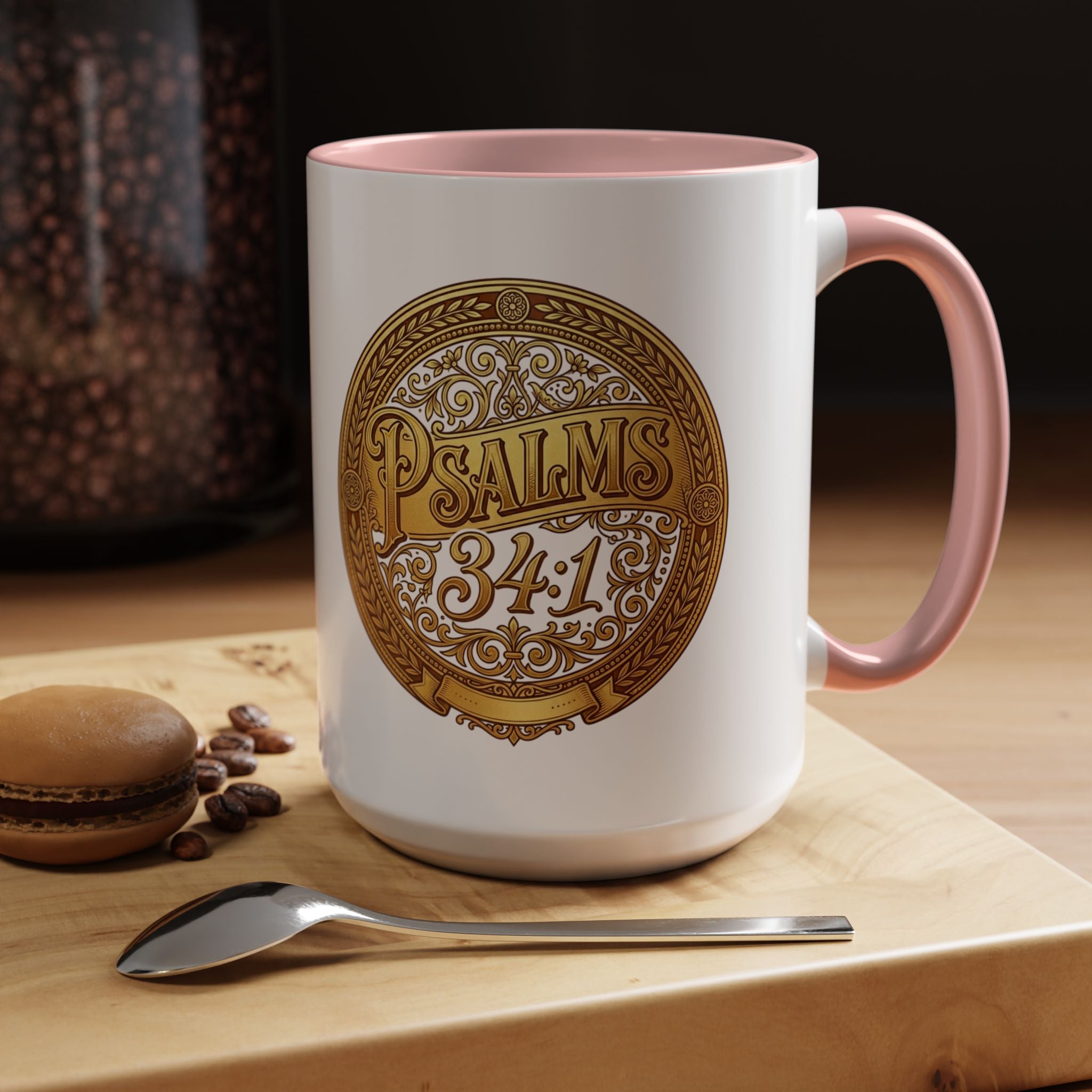 Inspirational Christian ceramic accent coffee mug featuring Psalm 34:1 in an ornate gold medallion design with colorful handle and interior accents.