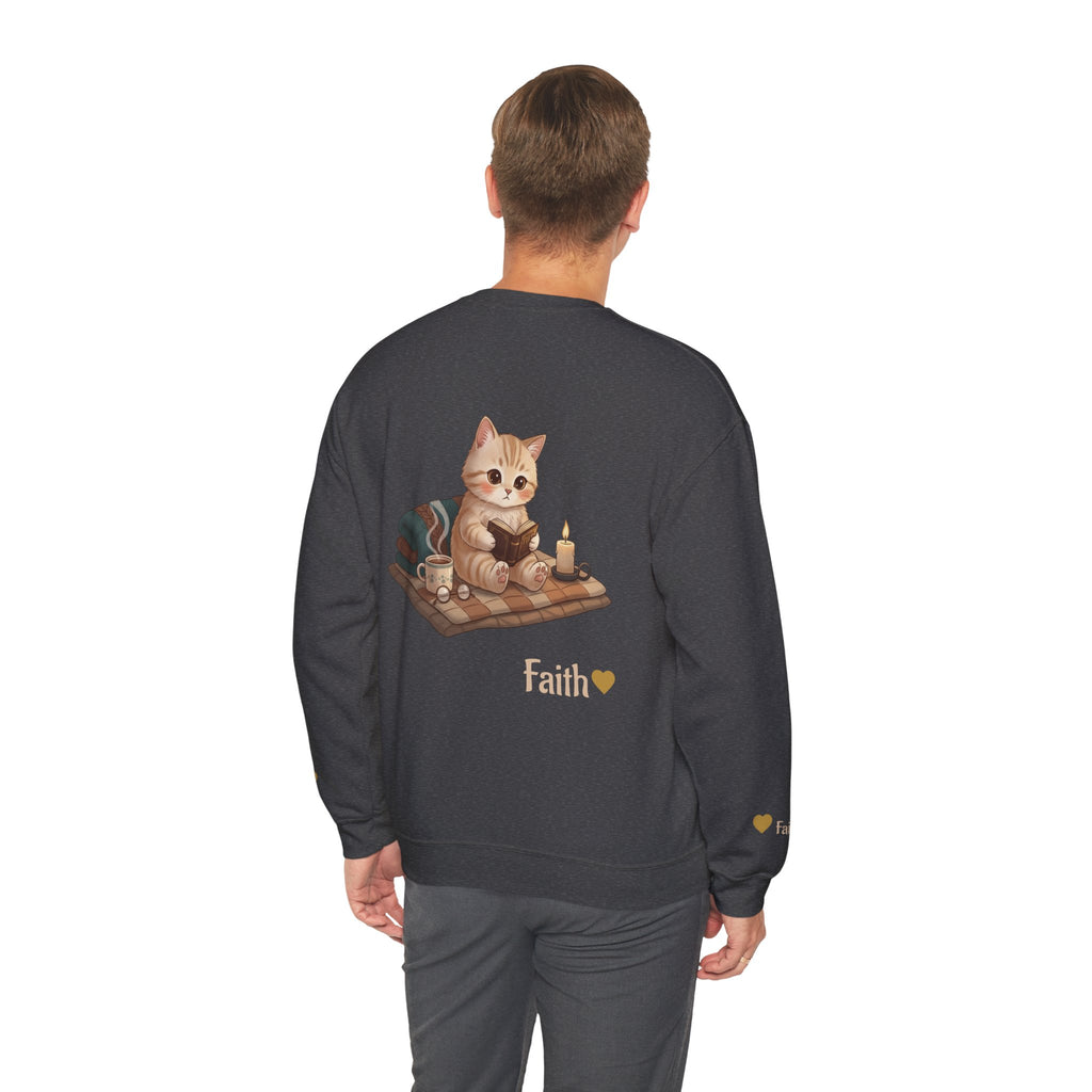 Faith Cozy Cat Crewneck Sweatshirt – Candlelight Cat Faith Sweatshirt | Quiet Comfort Apparel