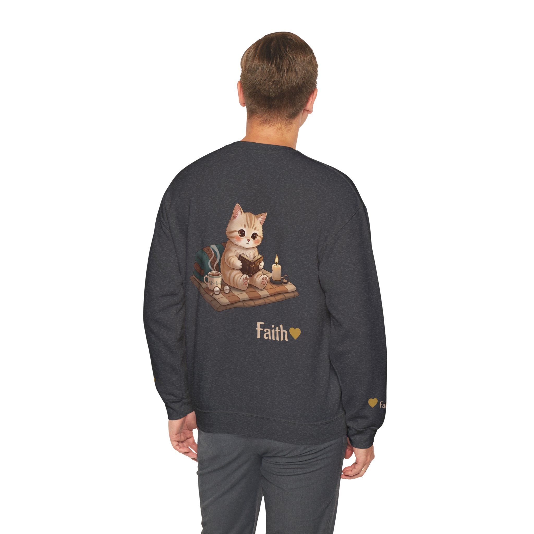 Faith Cozy Cat Crewneck Sweatshirt – Candlelight Cat Faith Sweatshirt | Quiet Comfort Apparel