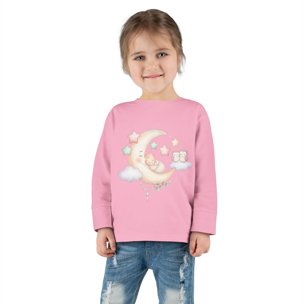 Baby Moon & Owl Toddler Long Sleeve Tee – Pastel Sleepy Moon Nursery Shirt | Cozy Toddler Pajama Style Tee