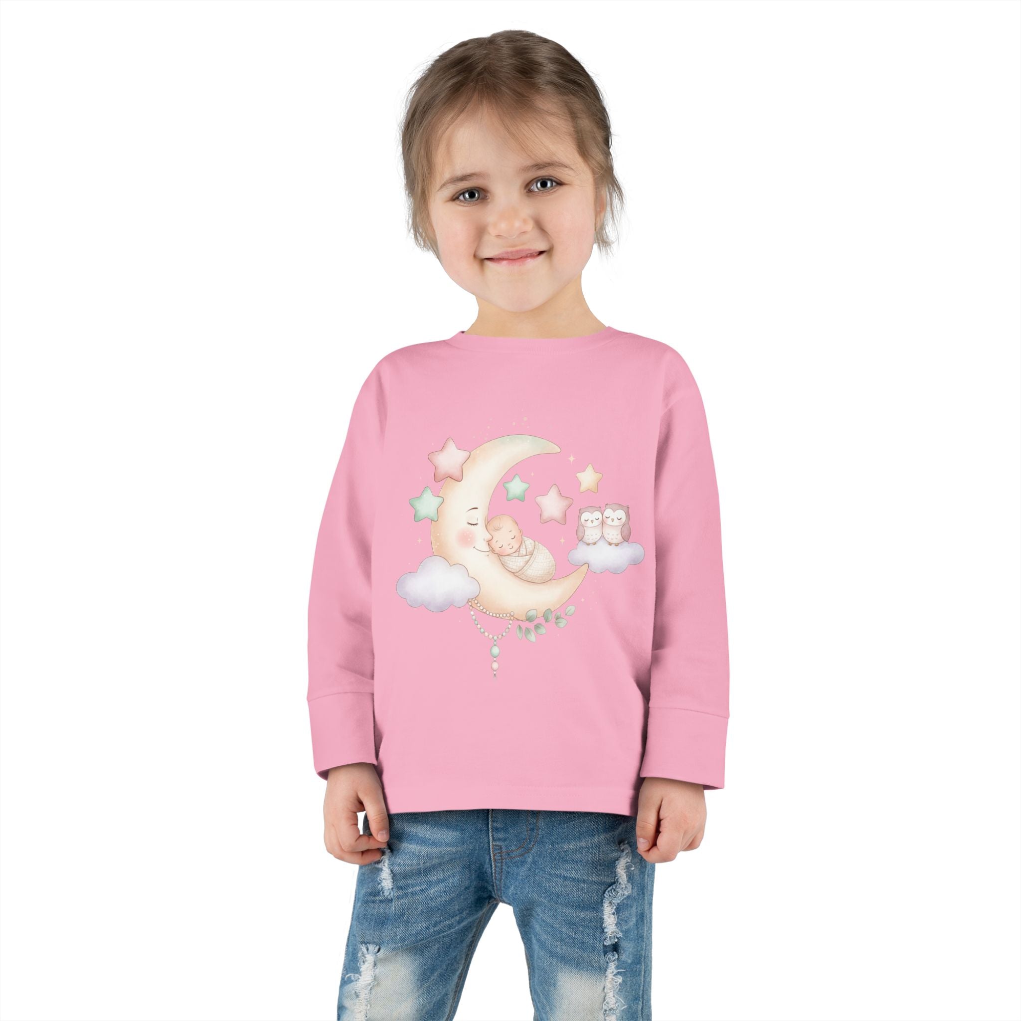 Baby Moon & Owl Toddler Long Sleeve Tee – Pastel Sleepy Moon Nursery Shirt | Cozy Toddler Pajama Style Tee
