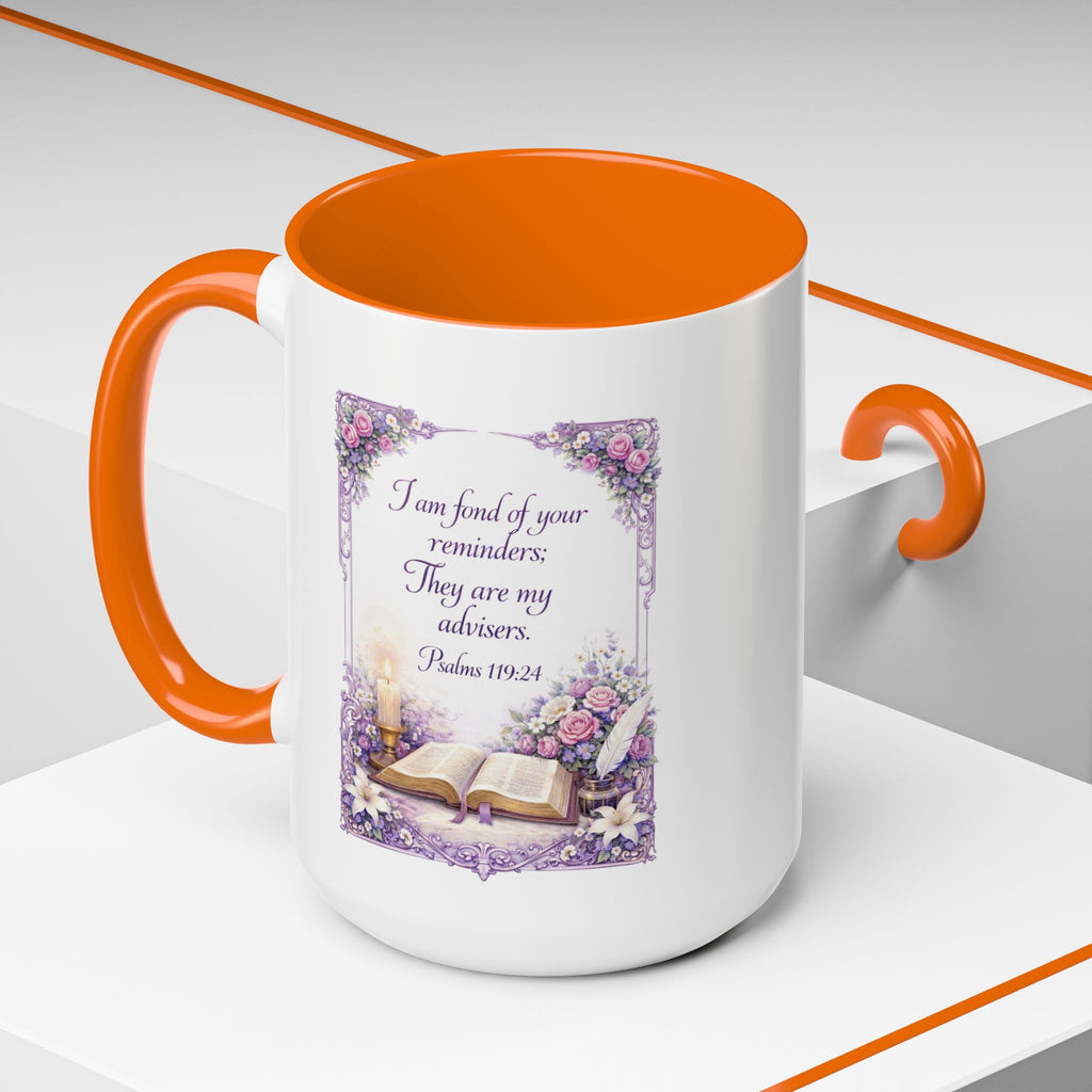 Inspirational Christian ceramic accent coffee mug featuring Psalm 119:24, delicate floral artwork, and the message “I am fond of your reminders” with colorful handle and interior accents.