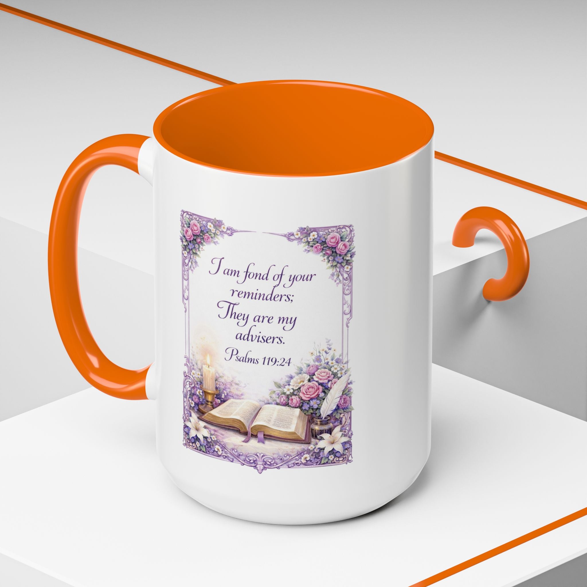 Inspirational Christian ceramic accent coffee mug featuring Psalm 119:24, delicate floral artwork, and the message “I am fond of your reminders” with colorful handle and interior accents.