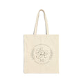 Elegant cotton canvas tote bag featuring a silver monogram crest, laurel branches, dove with olive branch, and the message “Love People Anyway” with empathy, kindness, and respect accents.
